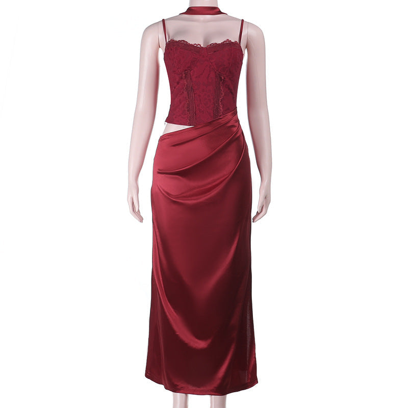 Luxurious Wine Red Satin Maxi Dress with Lace Cami & Chic Cut-Out | Holiday Party & New Year's Eve Glam