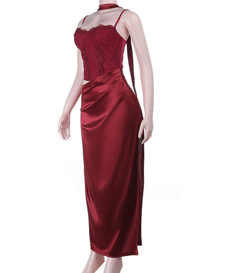 Luxurious Wine Red Satin Maxi Dress with Lace Cami & Chic Cut-Out | Holiday Party & New Year's Eve Glam