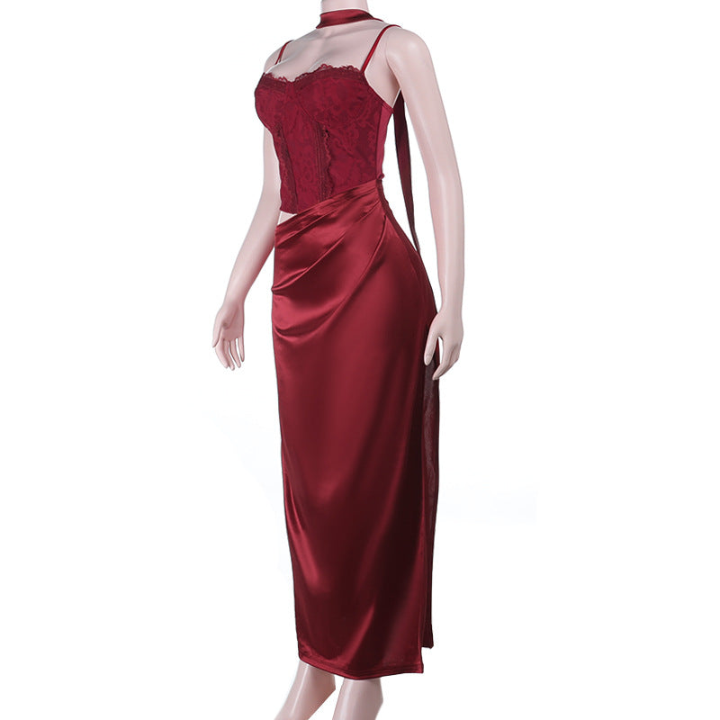Luxurious Wine Red Satin Maxi Dress with Lace Cami & Chic Cut-Out | Holiday Party & New Year's Eve Glam