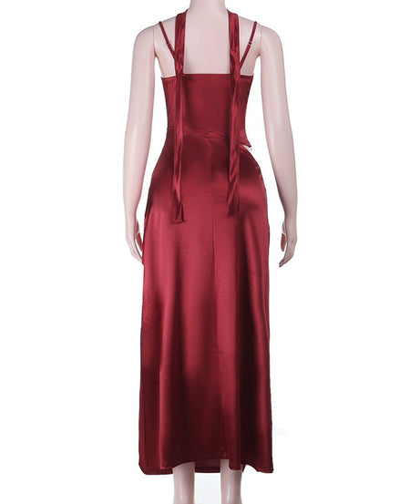 Luxurious Wine Red Satin Maxi Dress with Lace Cami & Chic Cut-Out | Holiday Party & New Year's Eve Glam