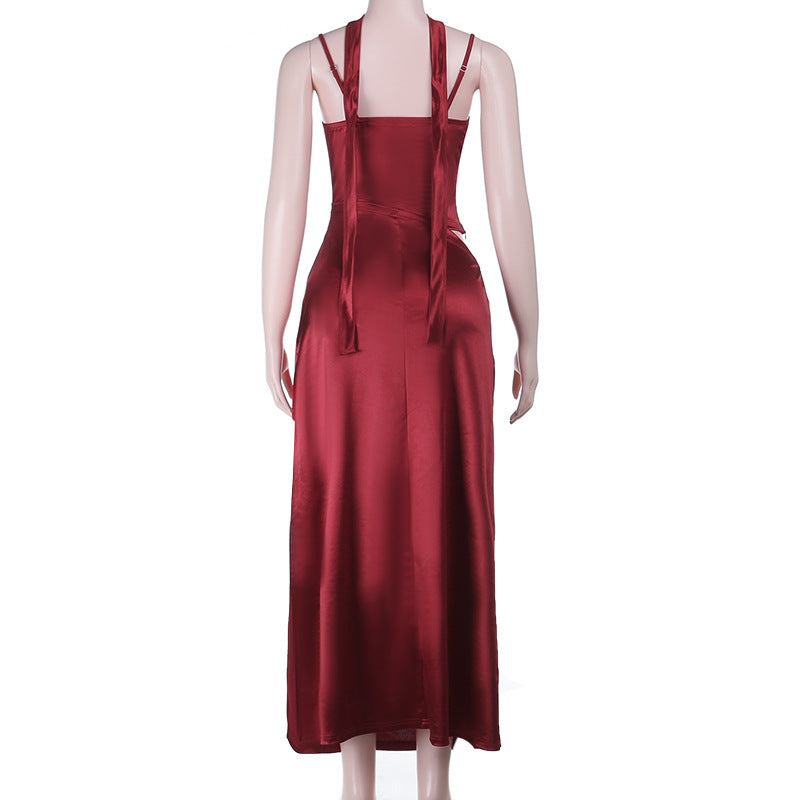Luxurious Wine Red Satin Maxi Dress with Lace Cami & Chic Cut-Out | Holiday Party & New Year's Eve Glam