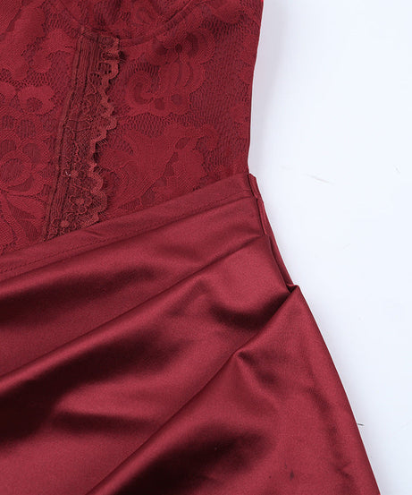 Luxurious Wine Red Satin Maxi Dress with Lace Cami & Chic Cut-Out | Holiday Party & New Year's Eve Glam