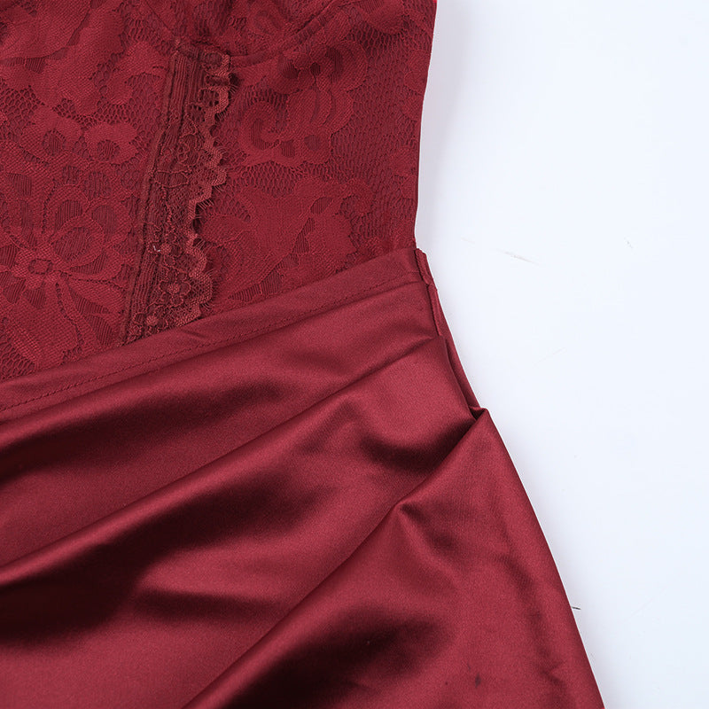 Luxurious Wine Red Satin Maxi Dress with Lace Cami & Chic Cut-Out | Holiday Party & New Year's Eve Glam