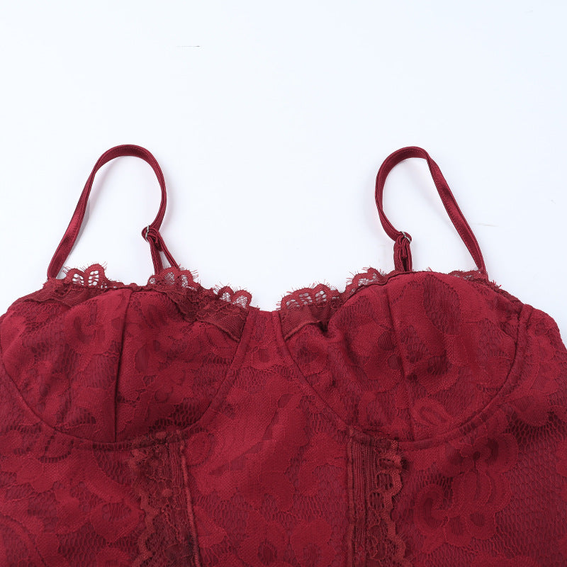 Luxurious Wine Red Satin Maxi Dress with Lace Cami & Chic Cut-Out | Holiday Party & New Year's Eve Glam