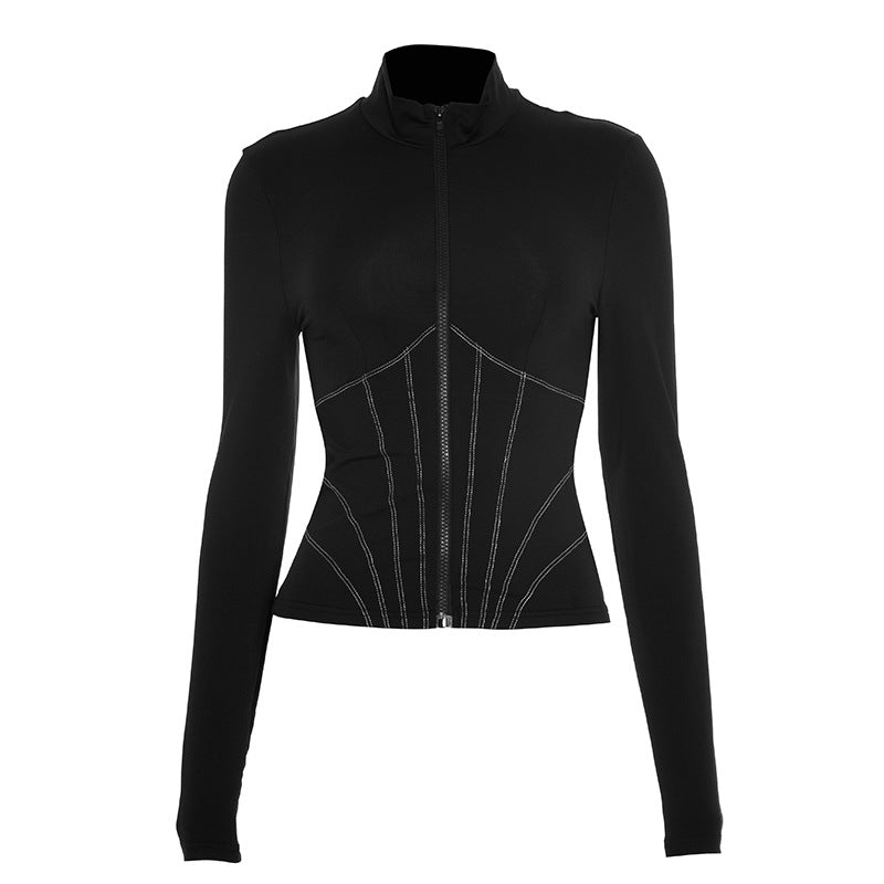 Women's Black Corset-Effect Contrast Stitch Zip Top | Holiday Party & Winter Chic
