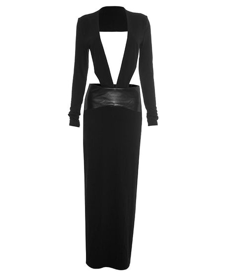 Sleek Black Faux Leather Cutout Maxi Dress - Daring Deep V & Long Sleeve Elegance for Holiday Galas