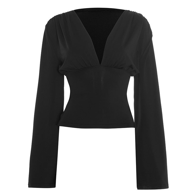 Effortless Elegance: Deep V-Neck Ruched Long Sleeve Top - Fall & Holiday Ready
