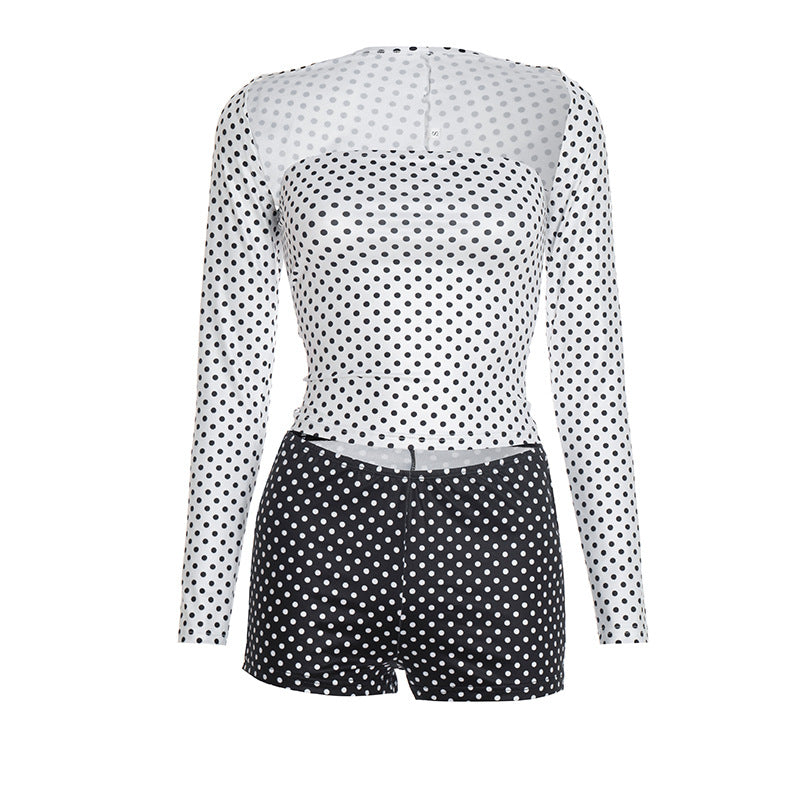 Retro Chic Polka Dot Shrug & Shorts Set - Long Sleeve Top & Low-Rise Bottoms for Your Holiday Escape