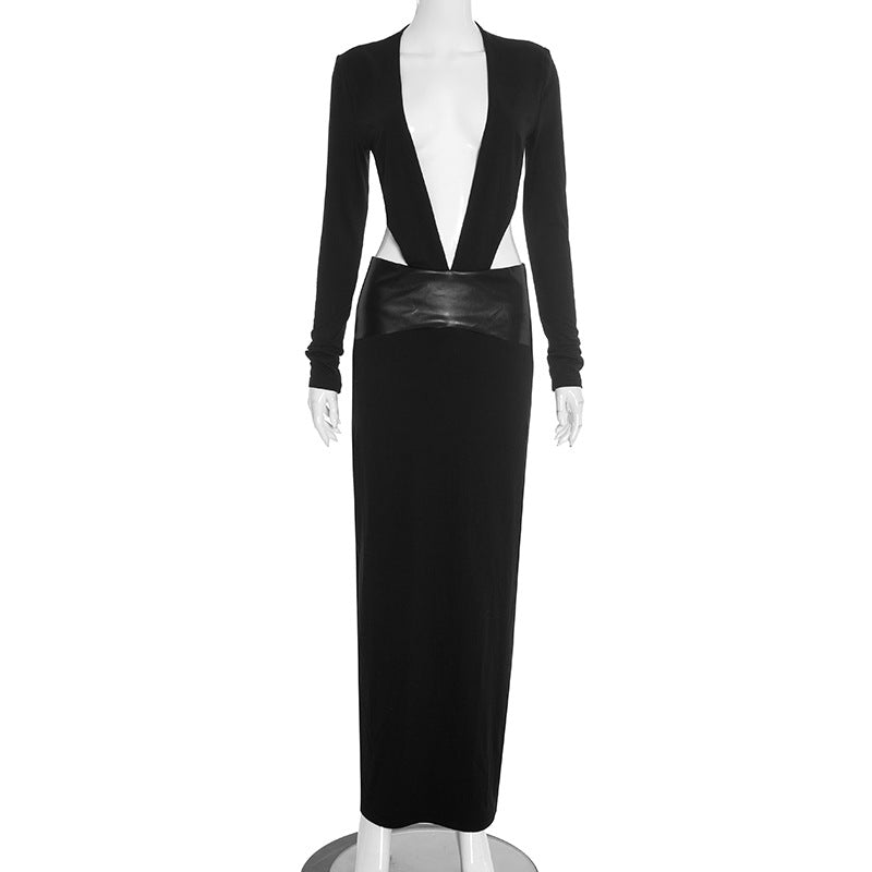 Sleek Black Faux Leather Cutout Maxi Dress - Daring Deep V & Long Sleeve Elegance for Holiday Galas