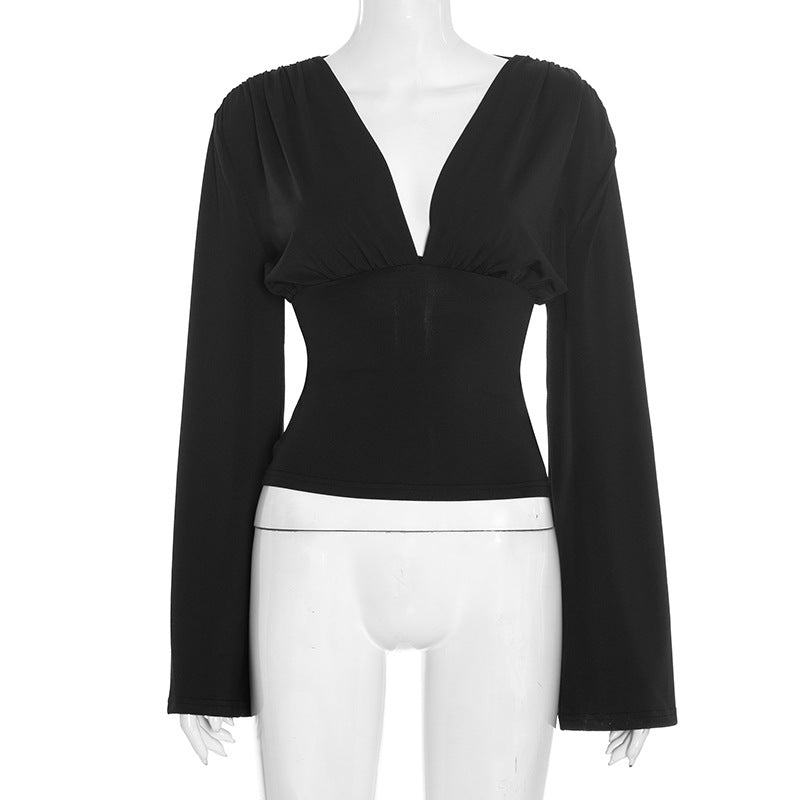 Effortless Elegance: Deep V-Neck Ruched Long Sleeve Top - Fall & Holiday Ready