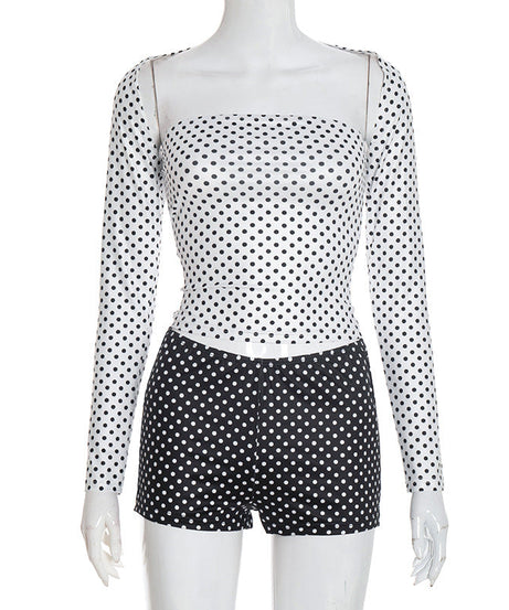 Retro Chic Polka Dot Shrug & Shorts Set - Long Sleeve Top & Low-Rise Bottoms for Your Holiday Escape