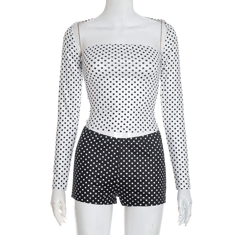 Retro Chic Polka Dot Shrug & Shorts Set - Long Sleeve Top & Low-Rise Bottoms for Your Holiday Escape
