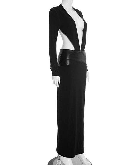 Sleek Black Faux Leather Cutout Maxi Dress - Daring Deep V & Long Sleeve Elegance for Holiday Galas