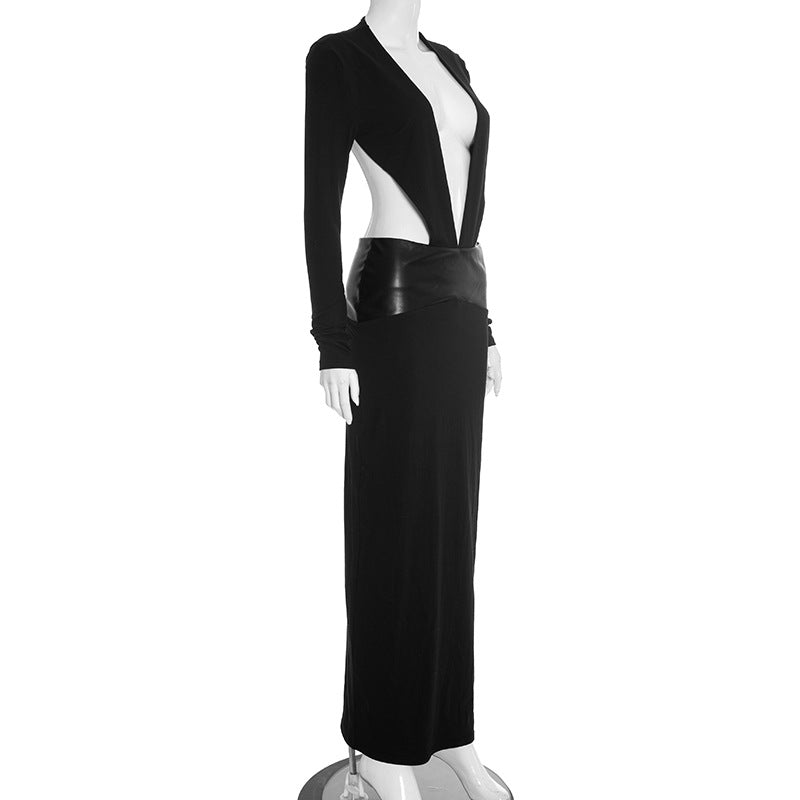 Sleek Black Faux Leather Cutout Maxi Dress - Daring Deep V & Long Sleeve Elegance for Holiday Galas