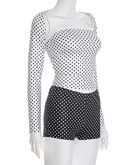 Retro Chic Polka Dot Shrug & Shorts Set - Long Sleeve Top & Low-Rise Bottoms for Your Holiday Escape