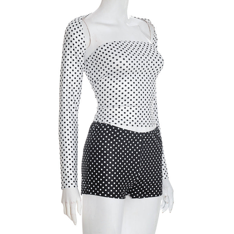 Retro Chic Polka Dot Shrug & Shorts Set - Long Sleeve Top & Low-Rise Bottoms for Your Holiday Escape
