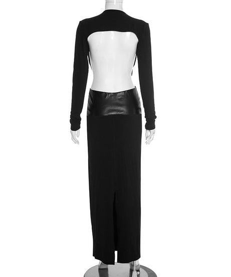 Sleek Black Faux Leather Cutout Maxi Dress - Daring Deep V & Long Sleeve Elegance for Holiday Galas
