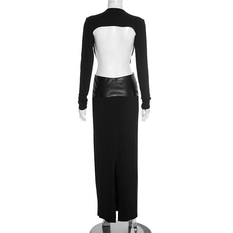 Sleek Black Faux Leather Cutout Maxi Dress - Daring Deep V & Long Sleeve Elegance for Holiday Galas