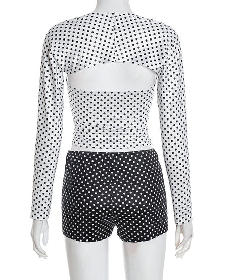 Retro Chic Polka Dot Shrug & Shorts Set - Long Sleeve Top & Low-Rise Bottoms for Your Holiday Escape