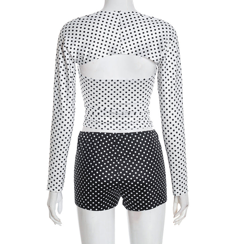 Retro Chic Polka Dot Shrug & Shorts Set - Long Sleeve Top & Low-Rise Bottoms for Your Holiday Escape