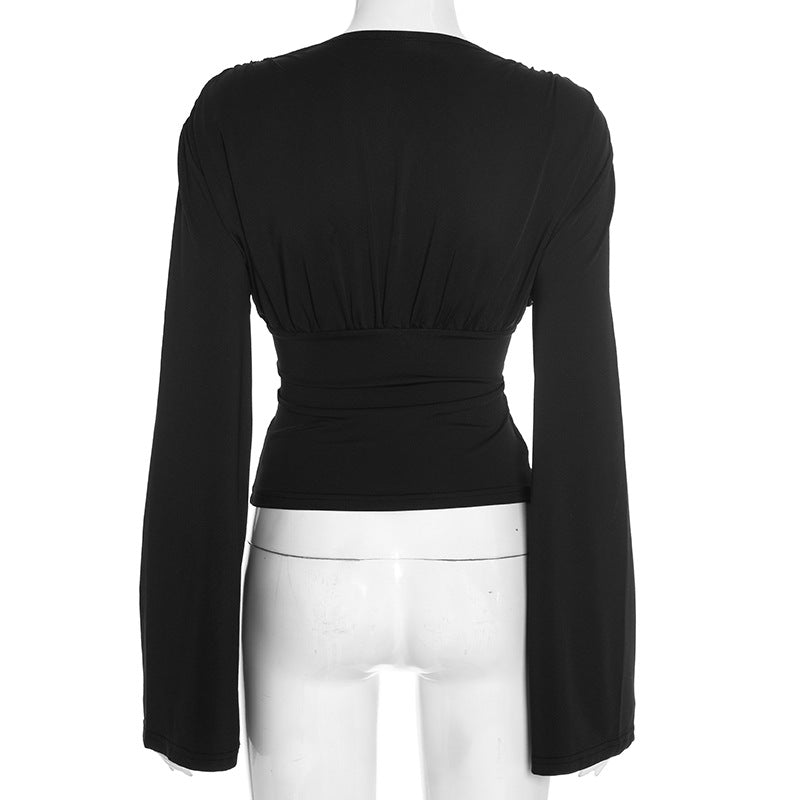 Effortless Elegance: Deep V-Neck Ruched Long Sleeve Top - Fall & Holiday Ready
