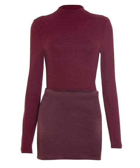 Chic Burgundy Mock Neck Mini Dress with Satin Skirt Detail | Fall & Holiday Party Ready