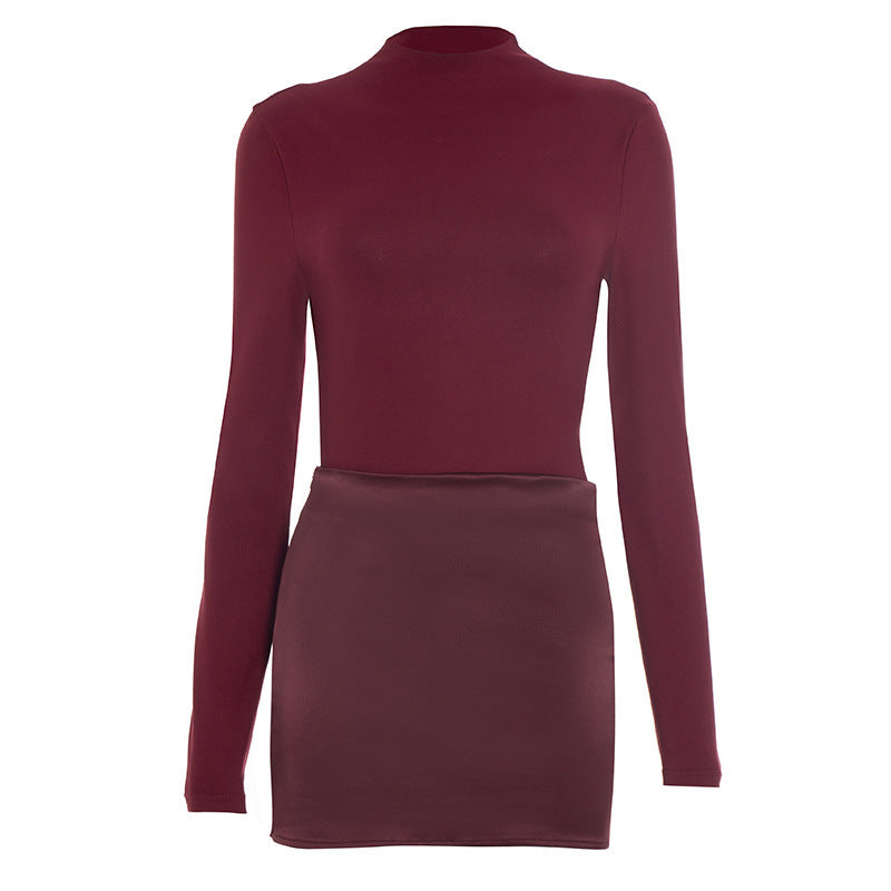 Chic Burgundy Mock Neck Mini Dress with Satin Skirt Detail | Fall & Holiday Party Ready