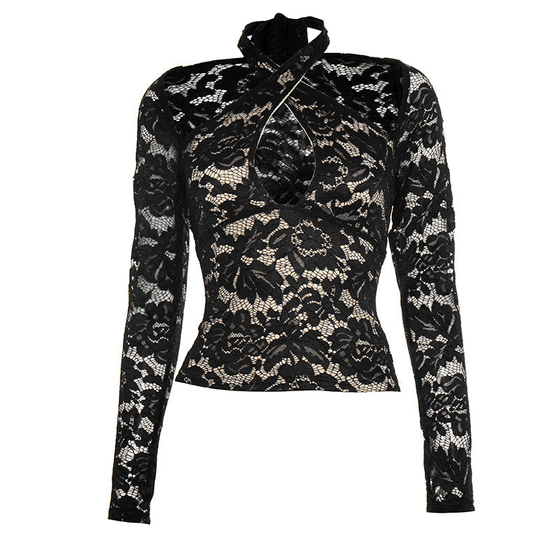 Chic Black Lace Cross-Front Halter Neck Top - Your Ultimate Holiday Party Statement Piece