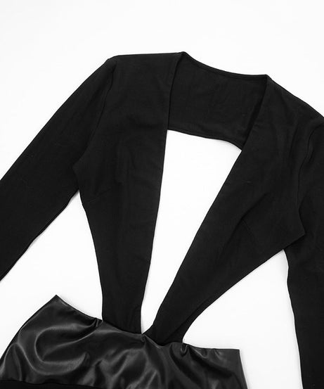 Sleek Black Faux Leather Cutout Maxi Dress - Daring Deep V & Long Sleeve Elegance for Holiday Galas