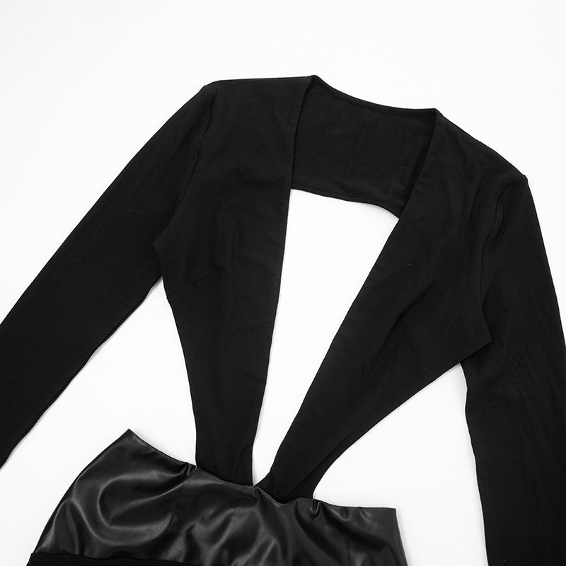 Sleek Black Faux Leather Cutout Maxi Dress - Daring Deep V & Long Sleeve Elegance for Holiday Galas