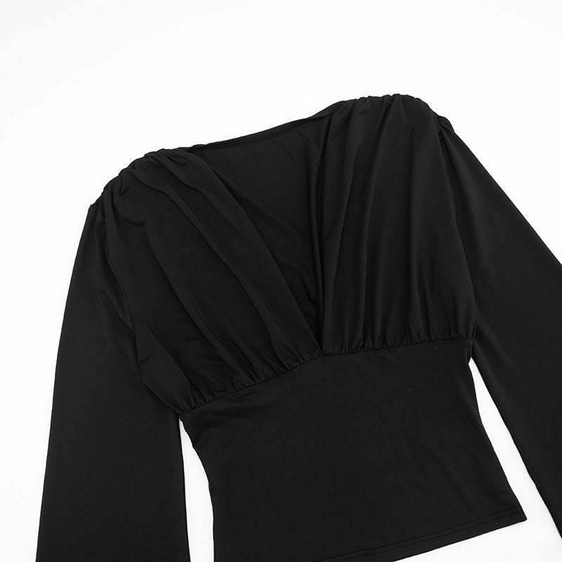Effortless Elegance: Deep V-Neck Ruched Long Sleeve Top - Fall & Holiday Ready