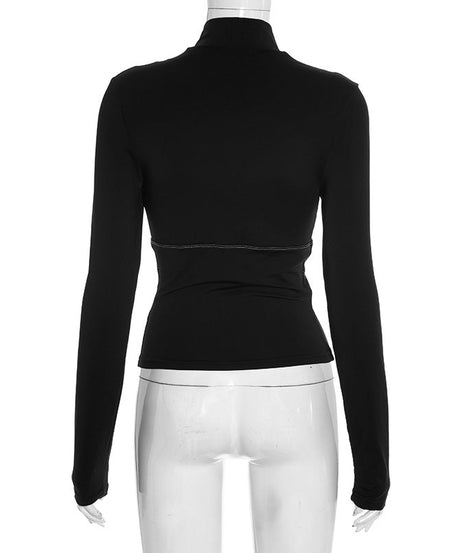 Women's Black Corset-Effect Contrast Stitch Zip Top | Holiday Party & Winter Chic