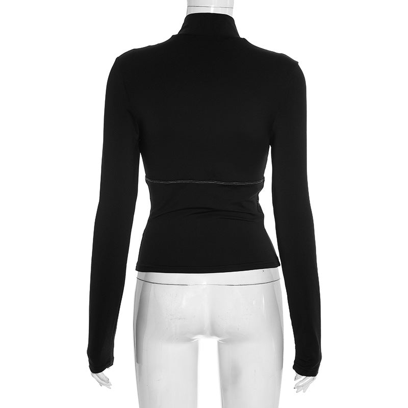 Women's Black Corset-Effect Contrast Stitch Zip Top | Holiday Party & Winter Chic