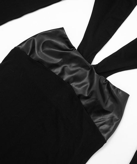 Sleek Black Faux Leather Cutout Maxi Dress - Daring Deep V & Long Sleeve Elegance for Holiday Galas