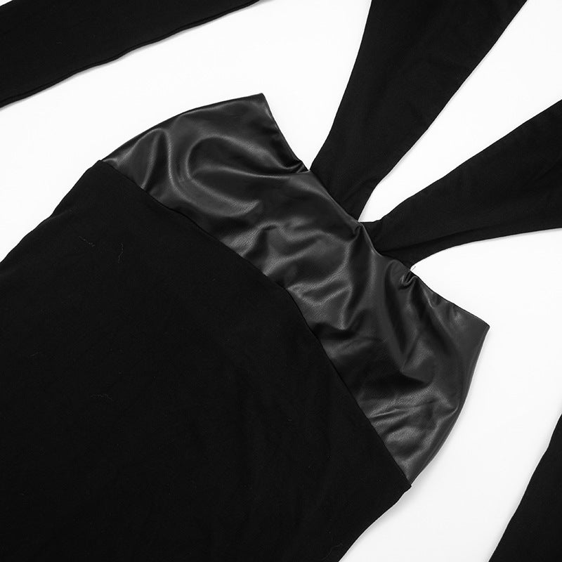 Sleek Black Faux Leather Cutout Maxi Dress - Daring Deep V & Long Sleeve Elegance for Holiday Galas