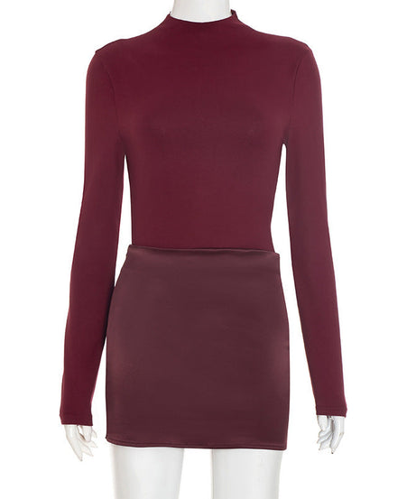Chic Burgundy Mock Neck Mini Dress with Satin Skirt Detail | Fall & Holiday Party Ready