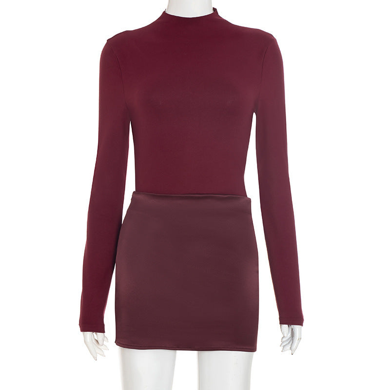 Chic Burgundy Mock Neck Mini Dress with Satin Skirt Detail | Fall & Holiday Party Ready