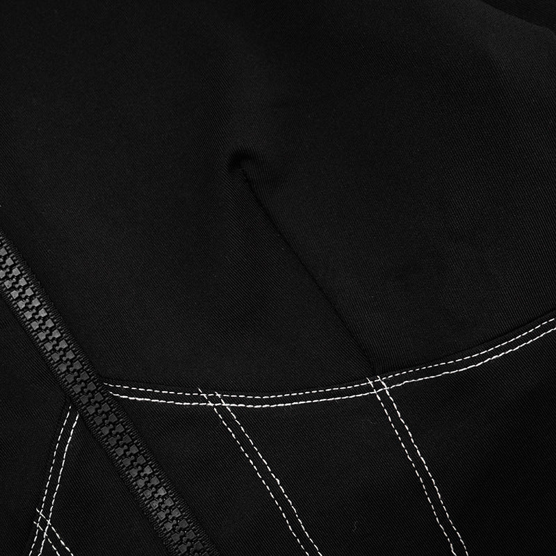 Women's Black Corset-Effect Contrast Stitch Zip Top | Holiday Party & Winter Chic