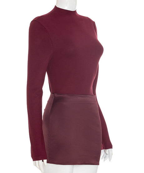 Chic Burgundy Mock Neck Mini Dress with Satin Skirt Detail | Fall & Holiday Party Ready