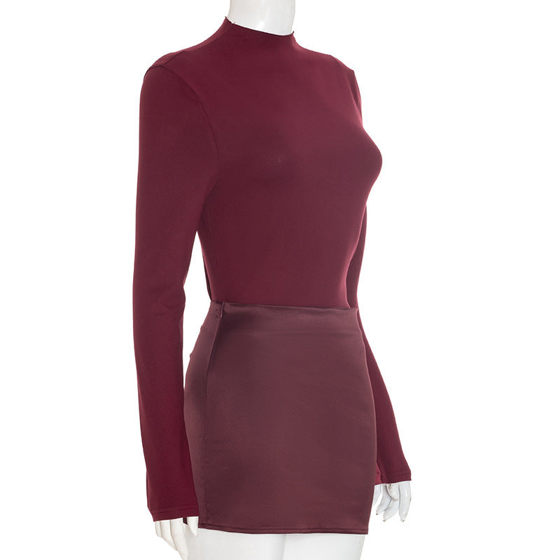 Chic Burgundy Mock Neck Mini Dress with Satin Skirt Detail | Fall & Holiday Party Ready