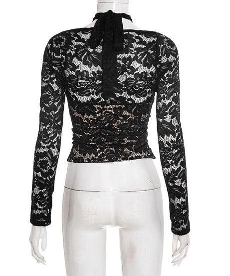 Chic Black Lace Cross-Front Halter Neck Top - Your Ultimate Holiday Party Statement Piece