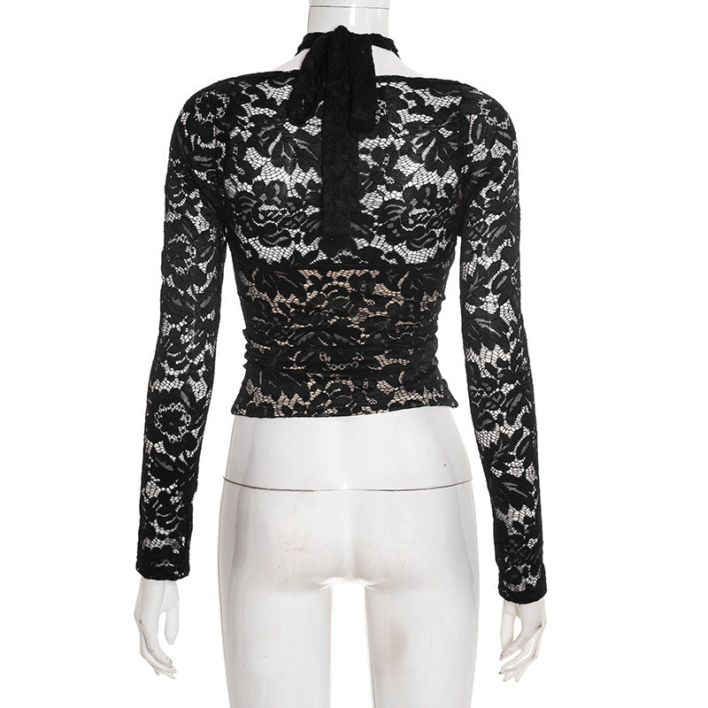 Chic Black Lace Cross-Front Halter Neck Top - Your Ultimate Holiday Party Statement Piece