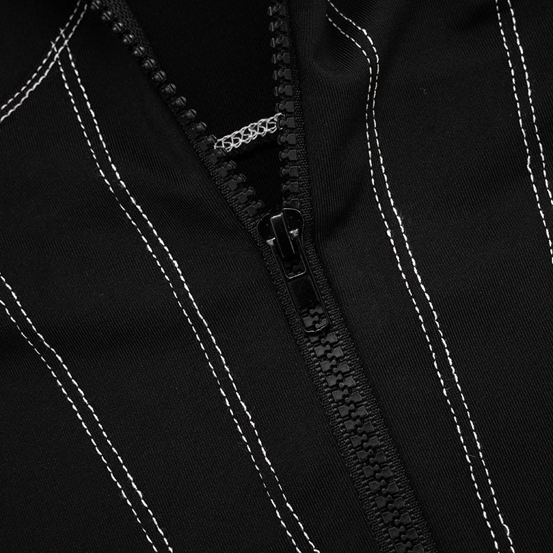 Women's Black Corset-Effect Contrast Stitch Zip Top | Holiday Party & Winter Chic