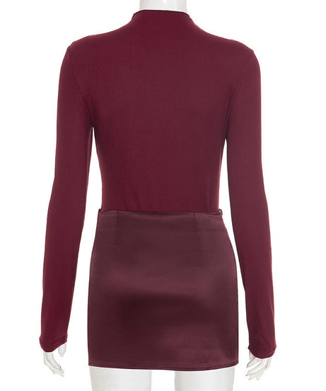 Chic Burgundy Mock Neck Mini Dress with Satin Skirt Detail | Fall & Holiday Party Ready
