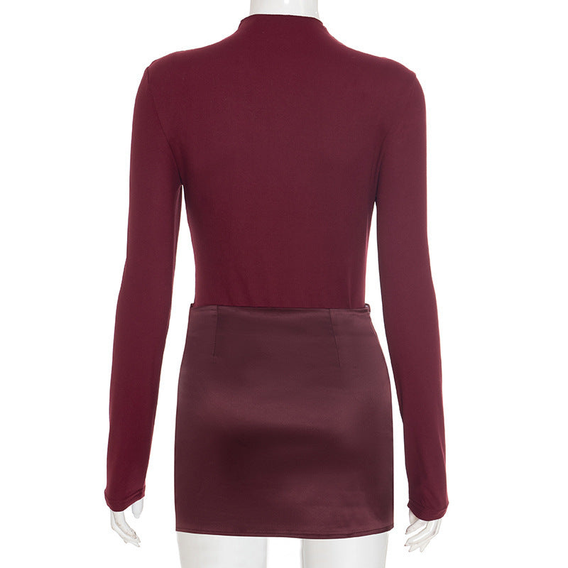 Chic Burgundy Mock Neck Mini Dress with Satin Skirt Detail | Fall & Holiday Party Ready