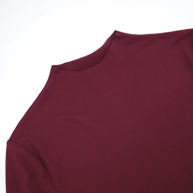 Chic Burgundy Mock Neck Mini Dress with Satin Skirt Detail | Fall & Holiday Party Ready