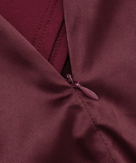 Chic Burgundy Mock Neck Mini Dress with Satin Skirt Detail | Fall & Holiday Party Ready