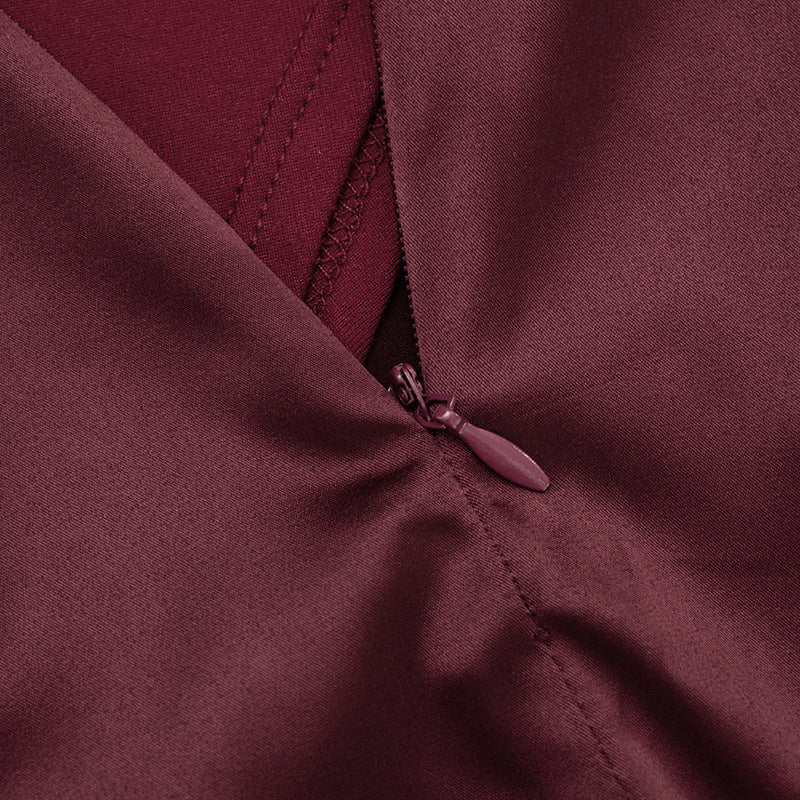 Chic Burgundy Mock Neck Mini Dress with Satin Skirt Detail | Fall & Holiday Party Ready