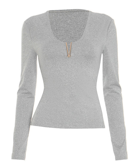 Chic V-Neck Long Sleeve Top with Luxe Metallic Accent | Your Cozy Fall & Holiday Season Essential