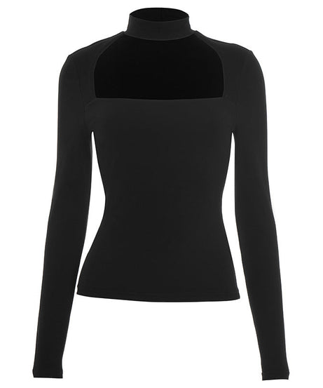 Sleek Black Mock Neck Cutout Long Sleeve Top | Fall & Holiday Chic